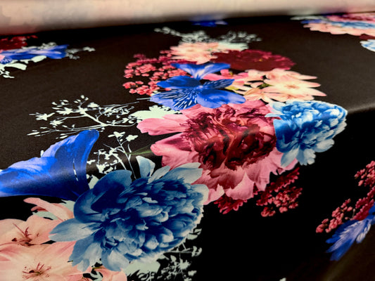 Scuba stretch spandex double jersey fabric, per metre - flourish print - black cobalt & pink