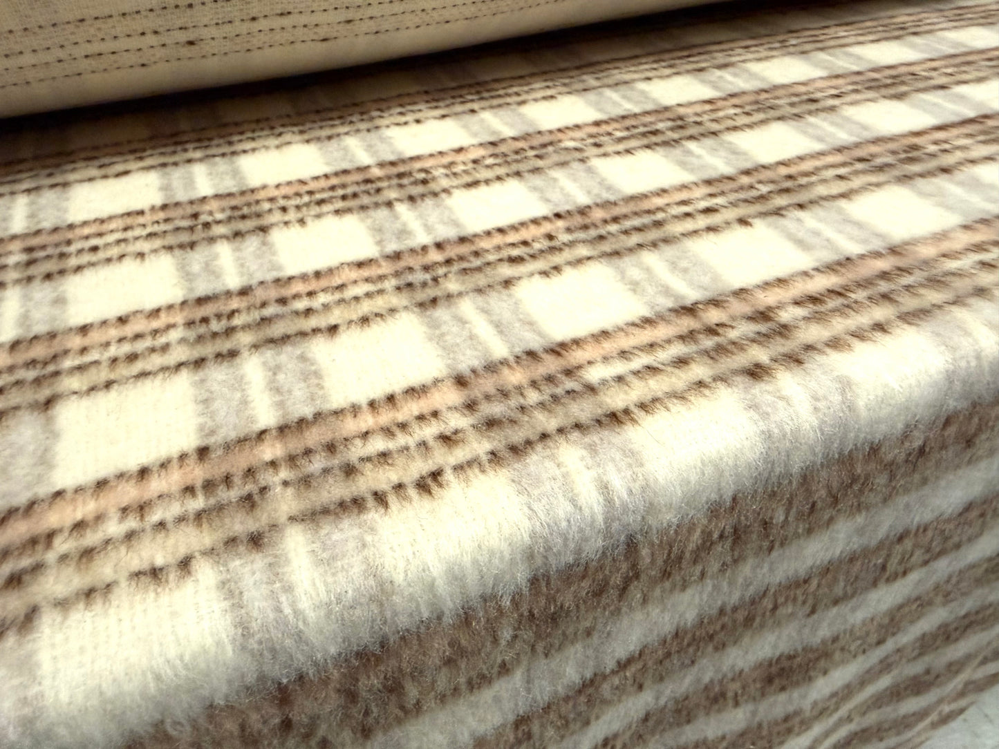 Wool faux fur fabric, per metre - check - cream & pink