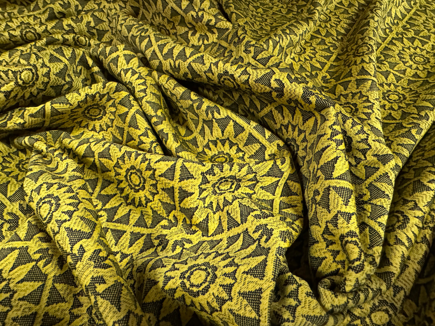 Double jersey stretch spandex fabric, per metre - floral jacquard - mustard