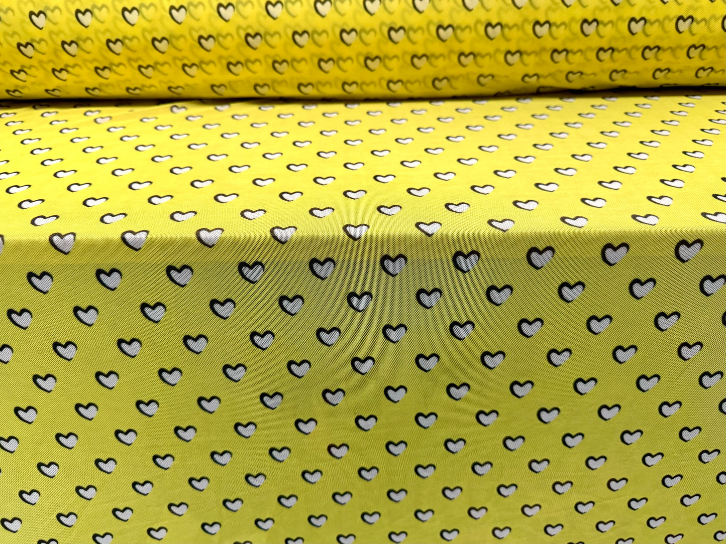 Power mesh net stretch spandex fabric, per metre - love heart print - lemon