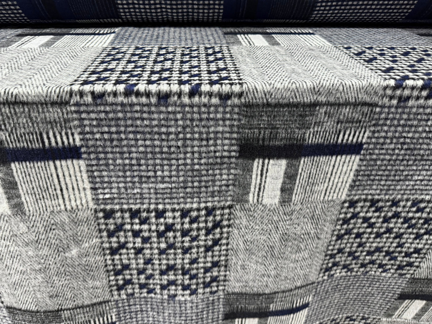 Heavyweight wool flannel coat jacket fabric, per metre - patchwork jacquard - navy & grey