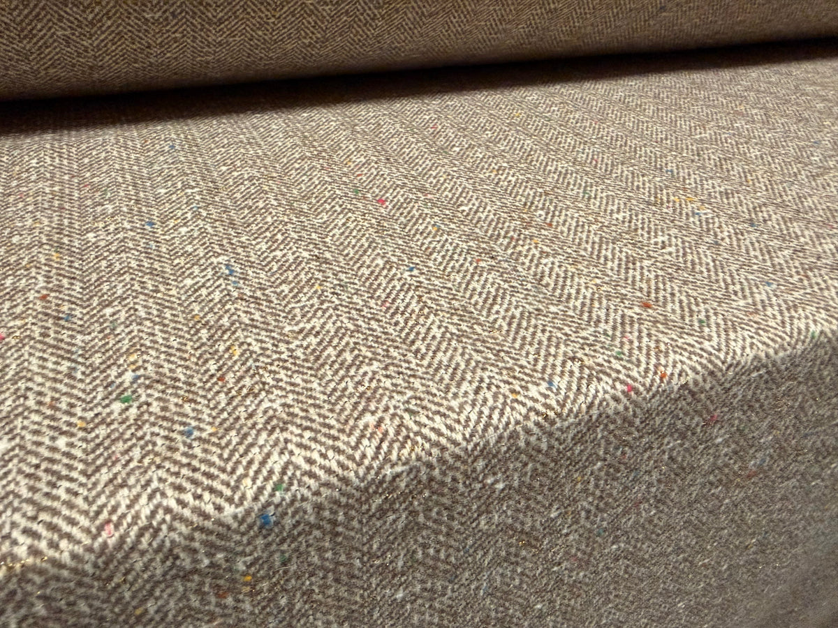 Metallic wool tweed fabric, per metre - herringbone fleck - stone with gold lurex