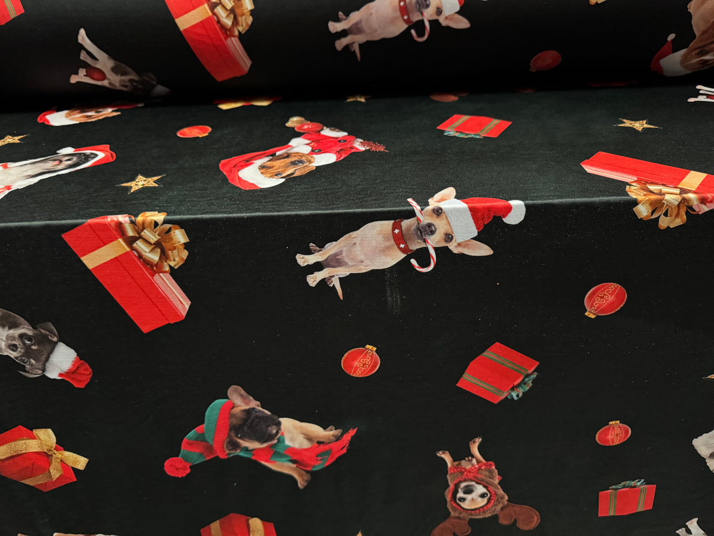 Soft touch stretch spandex single jersey fabric, per metre - Christmas Dogs print - black & red