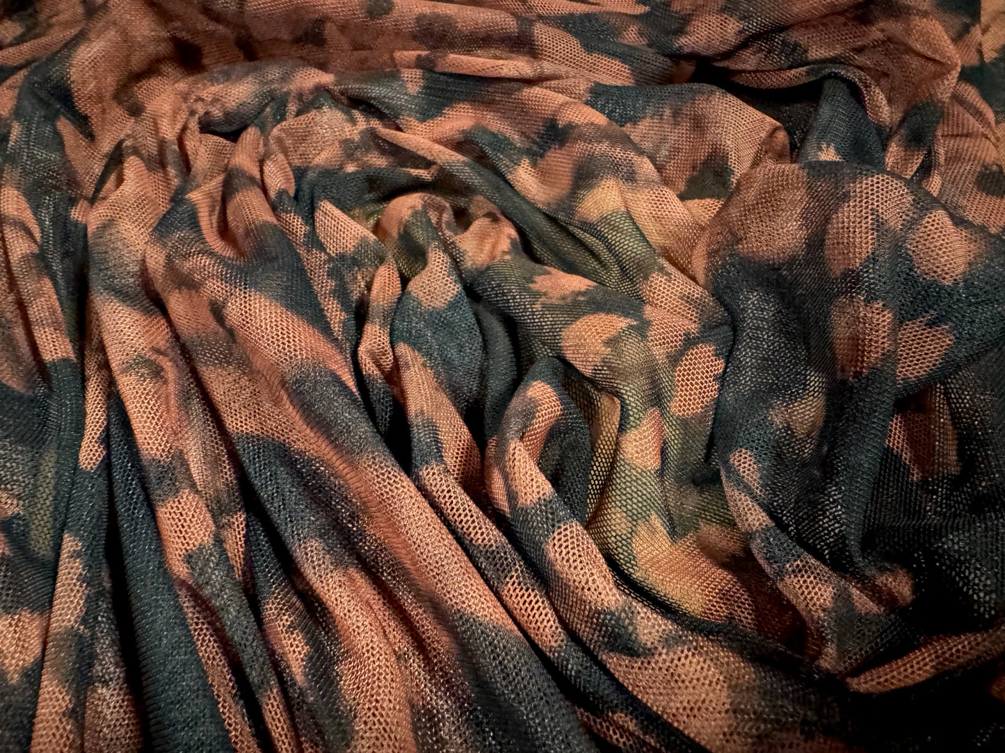 Power mesh net stretch spandex fabric, per metre - abstract print - black & rust