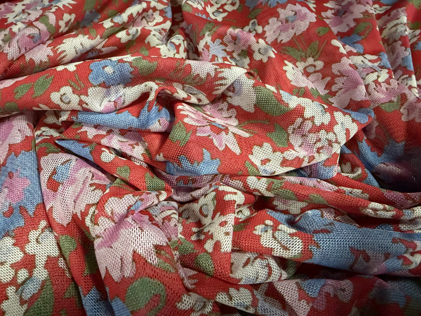 Power mesh net stretch spandex fabric, per metre - flower print - red lilac & blue