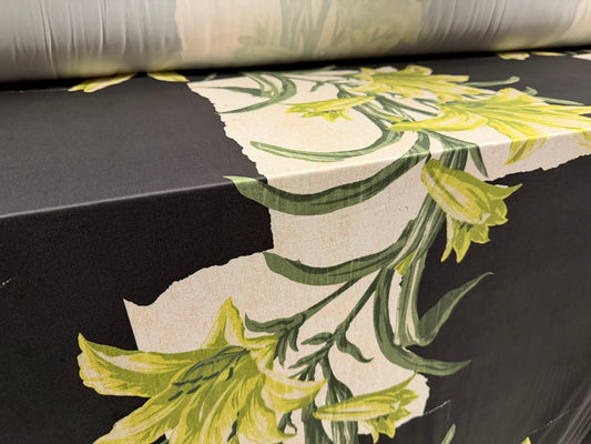 Super soft stretch single jersey fabric, per metre - lily floral print - black cream & green