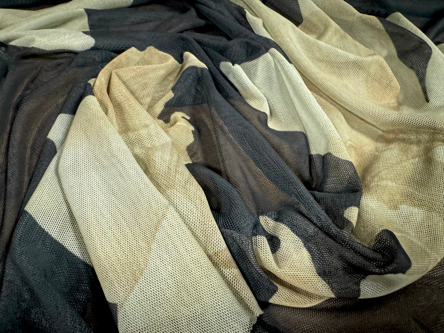 Power mesh net stretch spandex fabric, per metre - jumbo lily floral print - black & sage