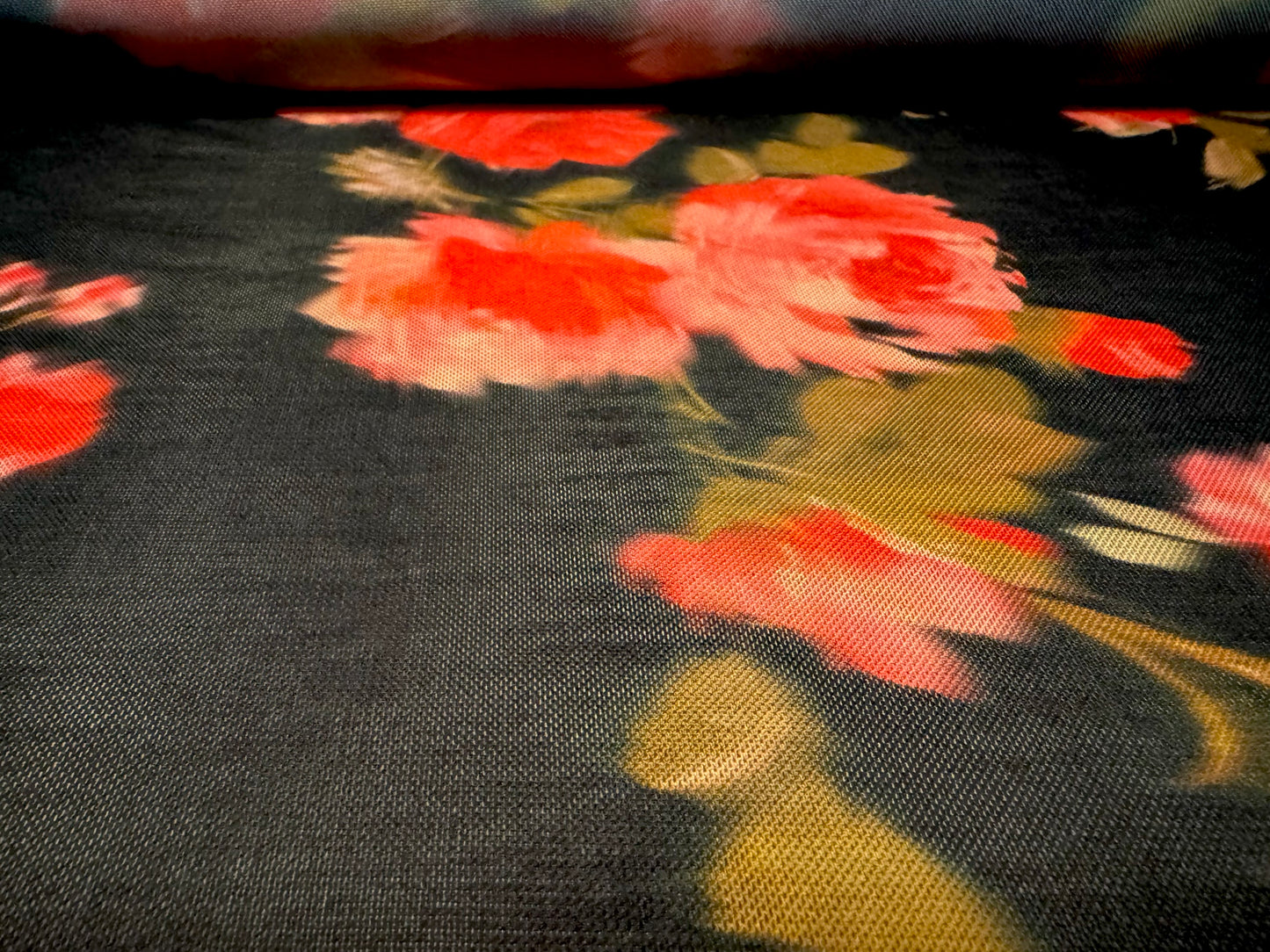Power mesh net stretch spandex fabric, per metre - soft focus roses print - black & red