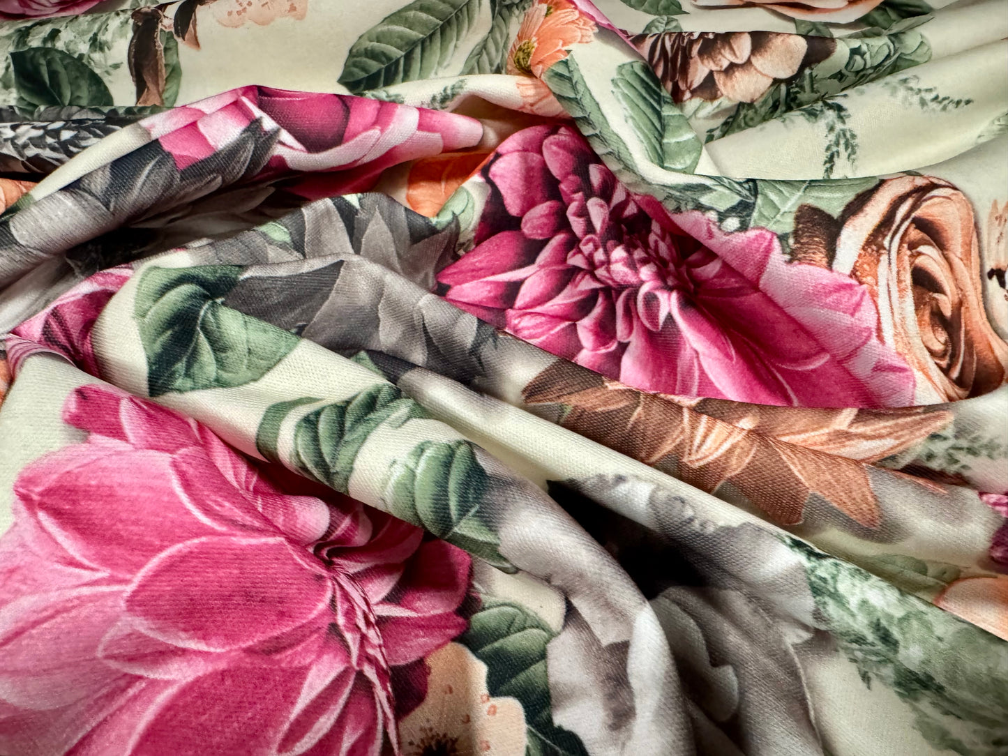 Piqué double jersey fabric, per metre - roses and carnations print - pistachio cream & pink
