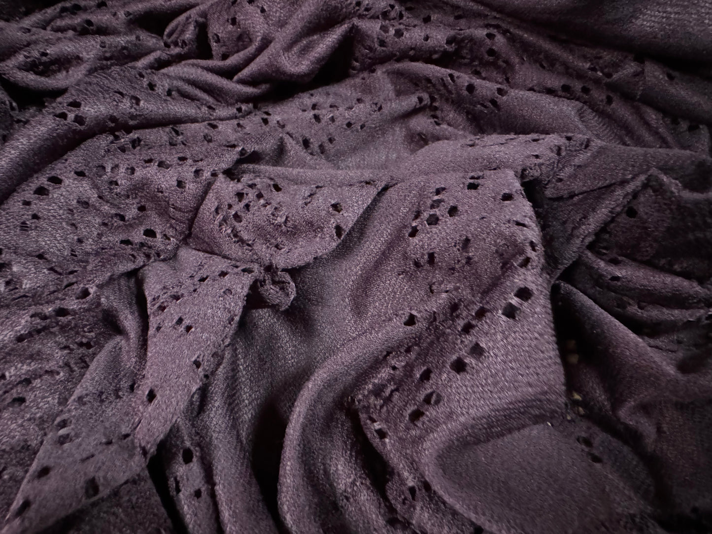 Moire jersey fabric with paisley cut-out design, per metre - purple