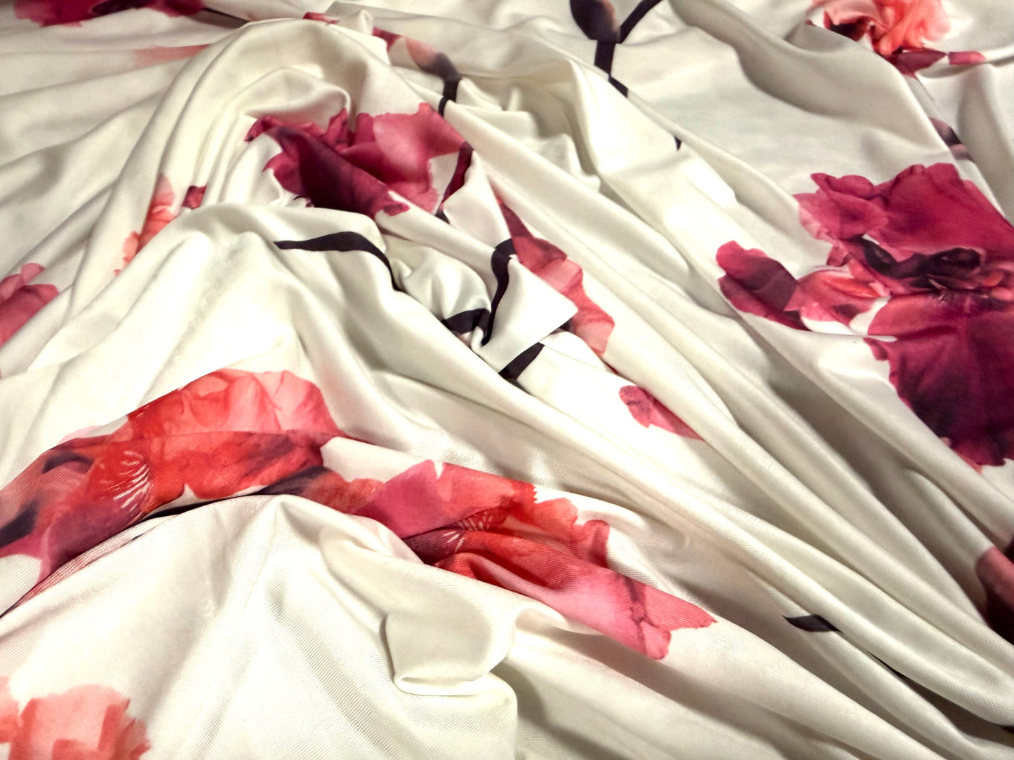 Soft touch stretch spandex single jersey fabric, per metre - Iris flower print - ivory & pink