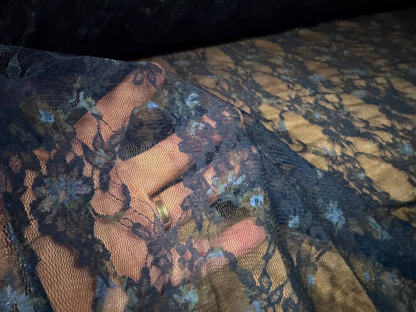 Stretch spandex mesh lace fabric, per metre - floral print - navy blue