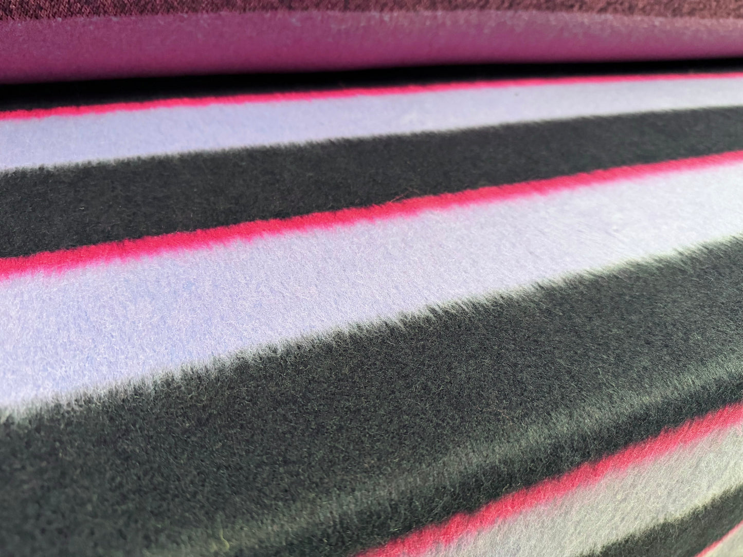 Wool faux fur fabric, per metre - stripes - navy lilac & pink