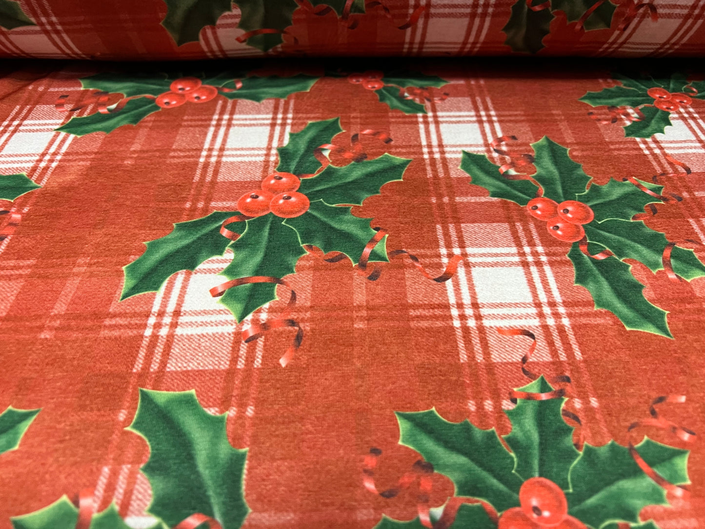 Stretch soft handle jersey fabric, per metre - holly and tartan Christmas print - red & green