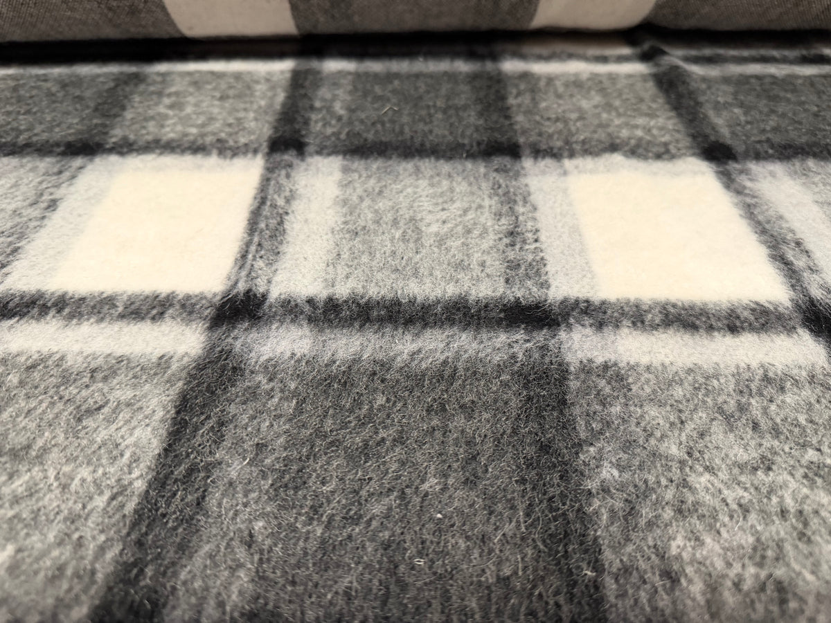 Wool faux fur fabric, per metre - plaid check - grey