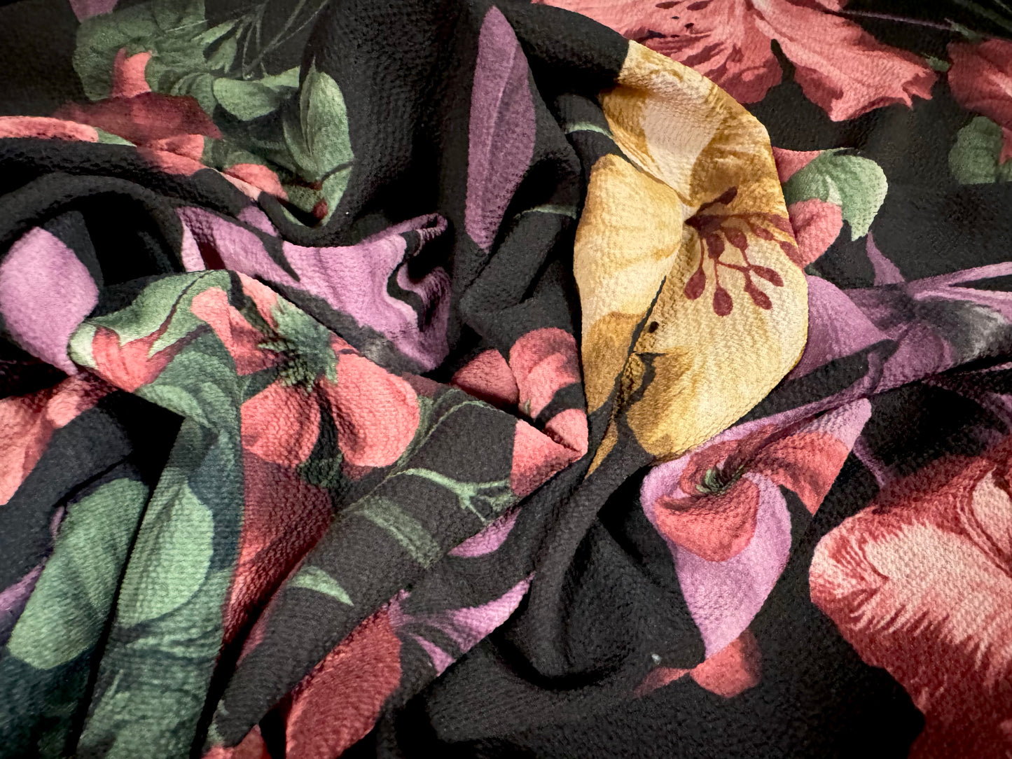 Bubble crepe stretch woven dress fabric, per metre - lilies floral print - black violet & beige