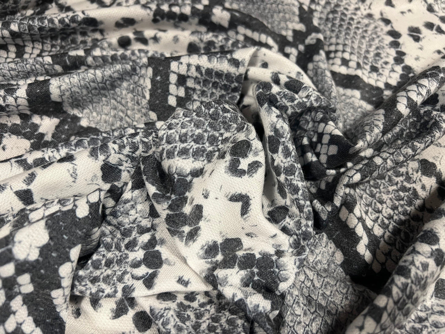 French Terry soft loopback jersey fabric, per metre - snakeskin print - grey white & black