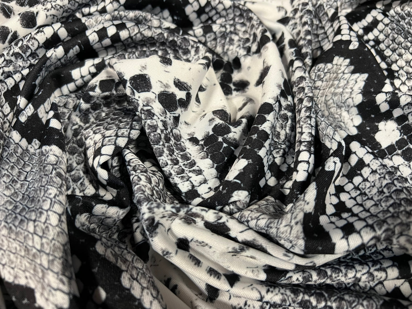 Stretch spandex single jersey fabric, per metre - snakeskin print - grey white & black