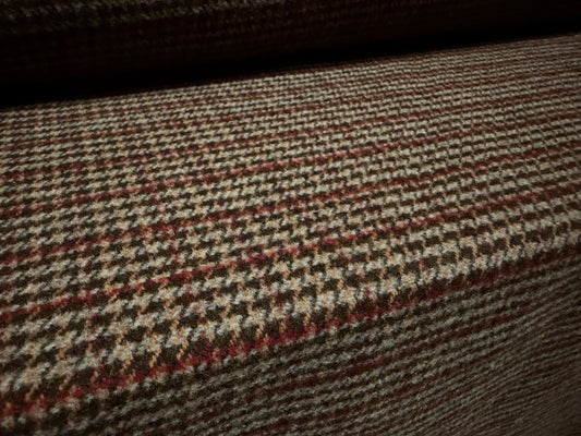 Wool flannel coat jacket fabric, per metre - Country Check - taupe & burgundy