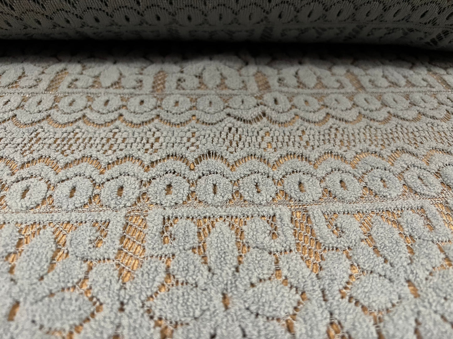 Flocked lace dress fabric, per metre - floral stripe pattern - grey