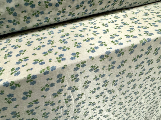 Angelique lightweight sateen jersey fabric, per metre - ditsy floral print - white with blue & green flowers