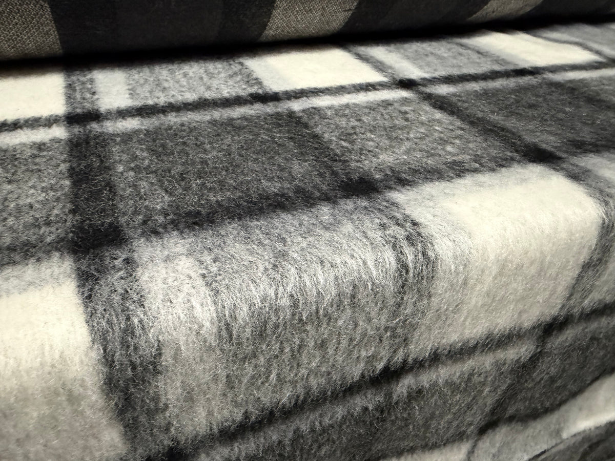 Wool faux fur fabric, per metre - plaid check - grey