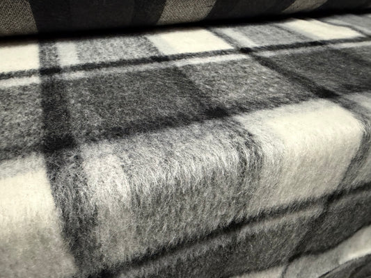 Wool faux fur fabric, per metre - plaid check - grey