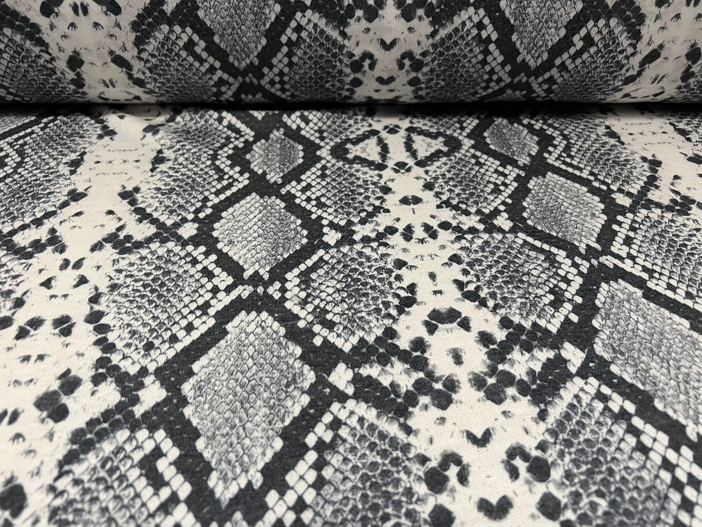 French Terry soft loopback jersey fabric, per metre - snakeskin print - grey white & black