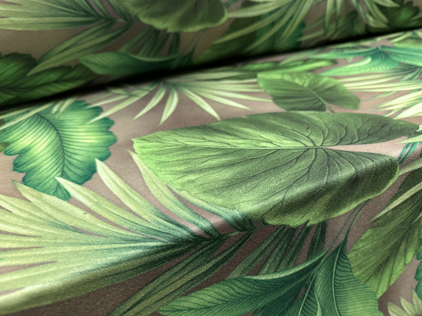Valentino crepe stretch spandex jersey fabric, per metre - jungle leaf print - green