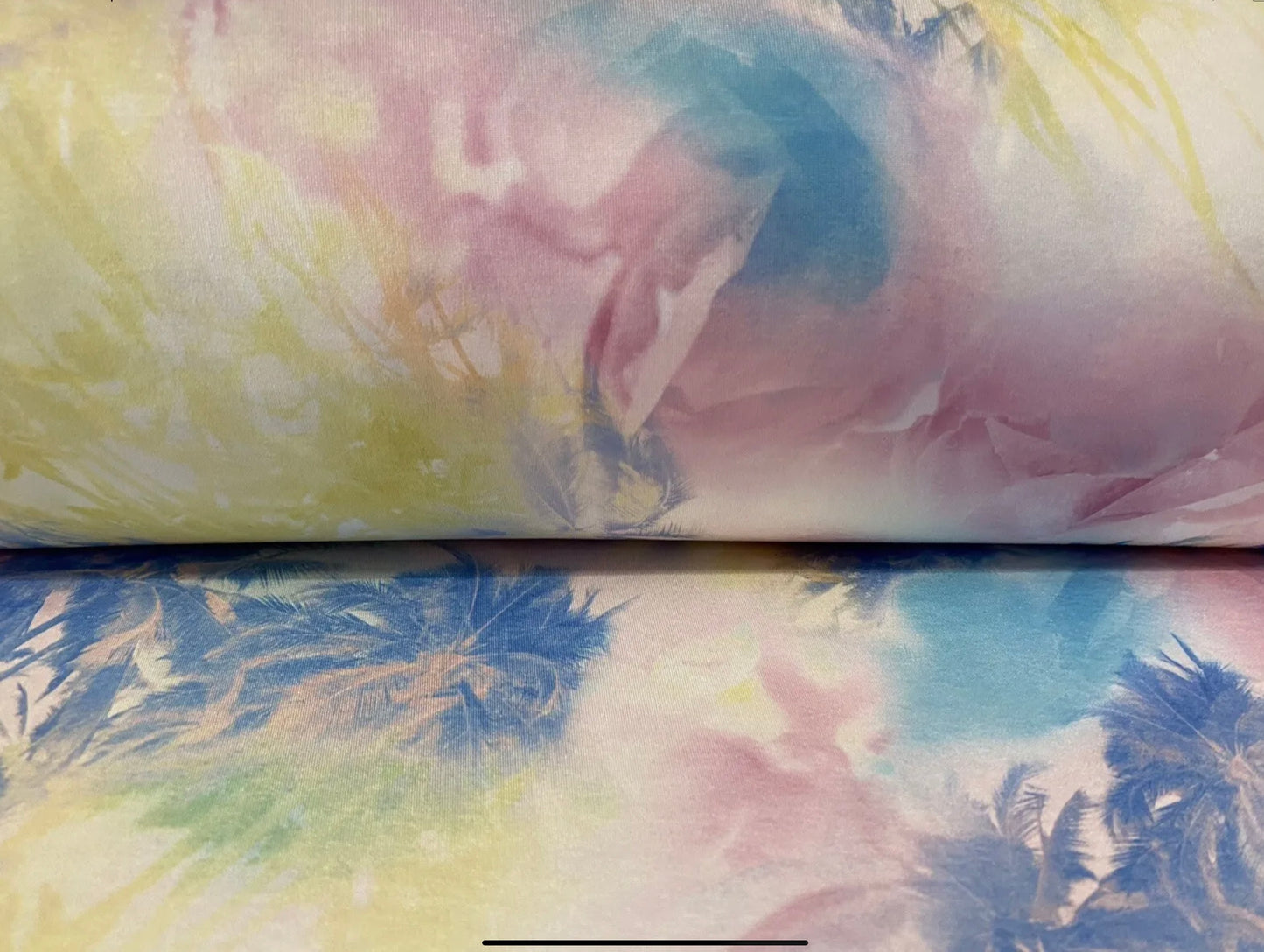 Soft touch stretch spandex single jersey fabric, per metre - Hawaiian palm trees print - multicolour pastels