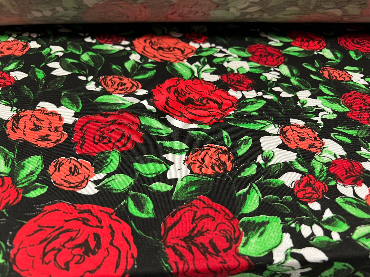 Viscose spandex stretch single jersey fabric, per metre - rose flower print - black red & green