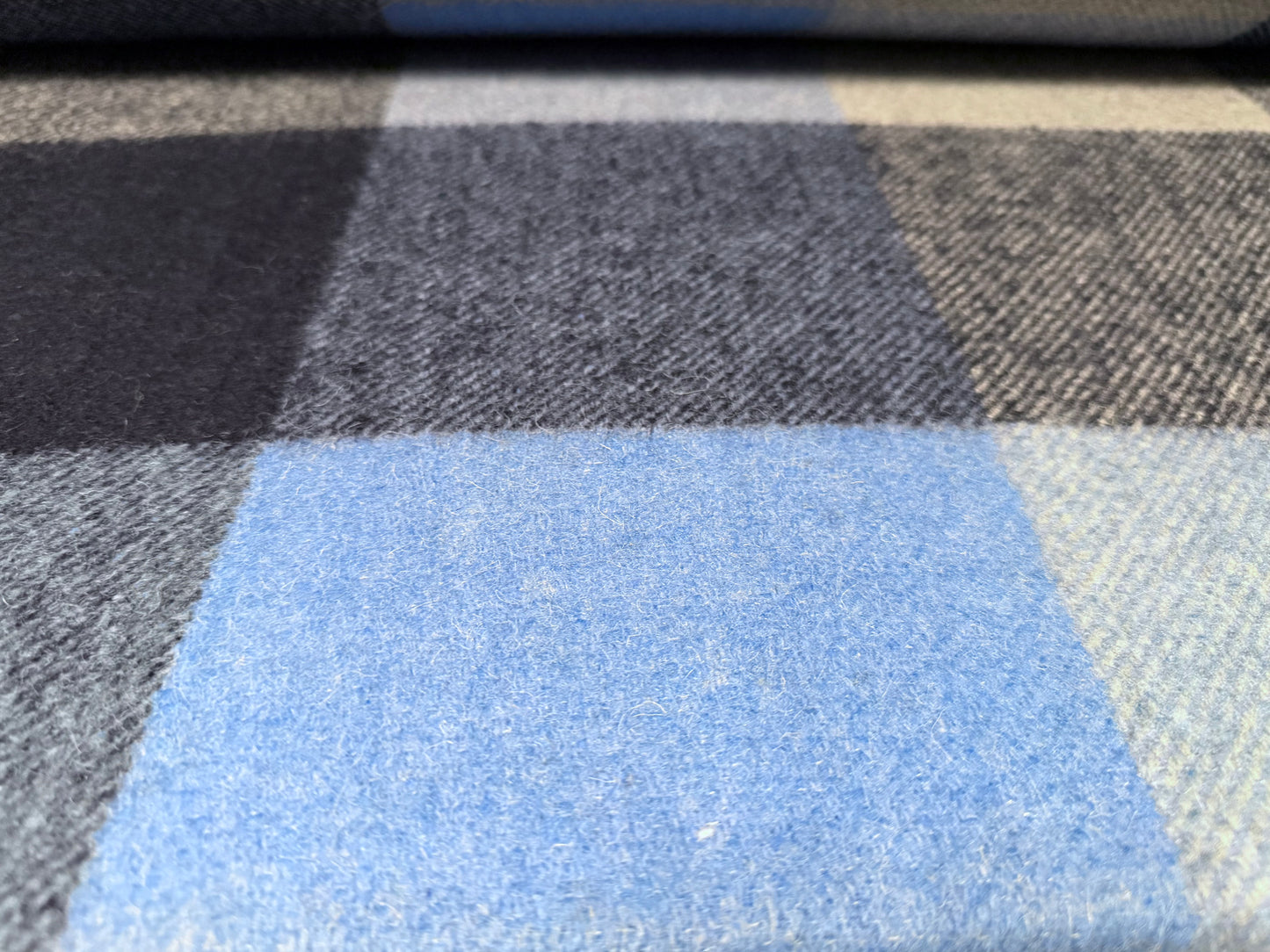 Heavyweight wool flannel coat jacket fabric, per metre - Buffalo check - navy blue & grey