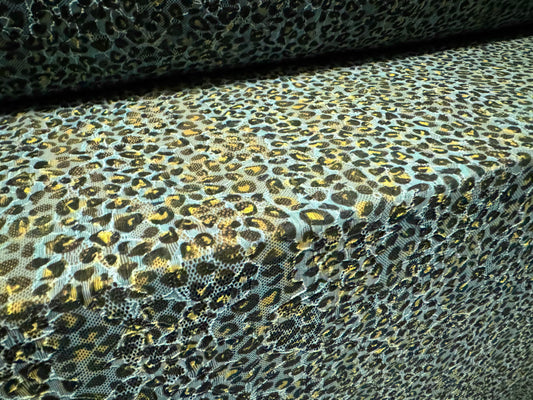 Stretch spandex lace fabric, per metre - leopard print - turquoise & gold