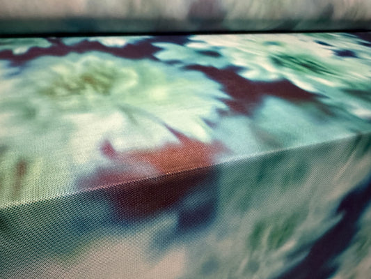 Power mesh net stretch spandex fabric, per metre - soft focus floral print - jade navy & turquoise