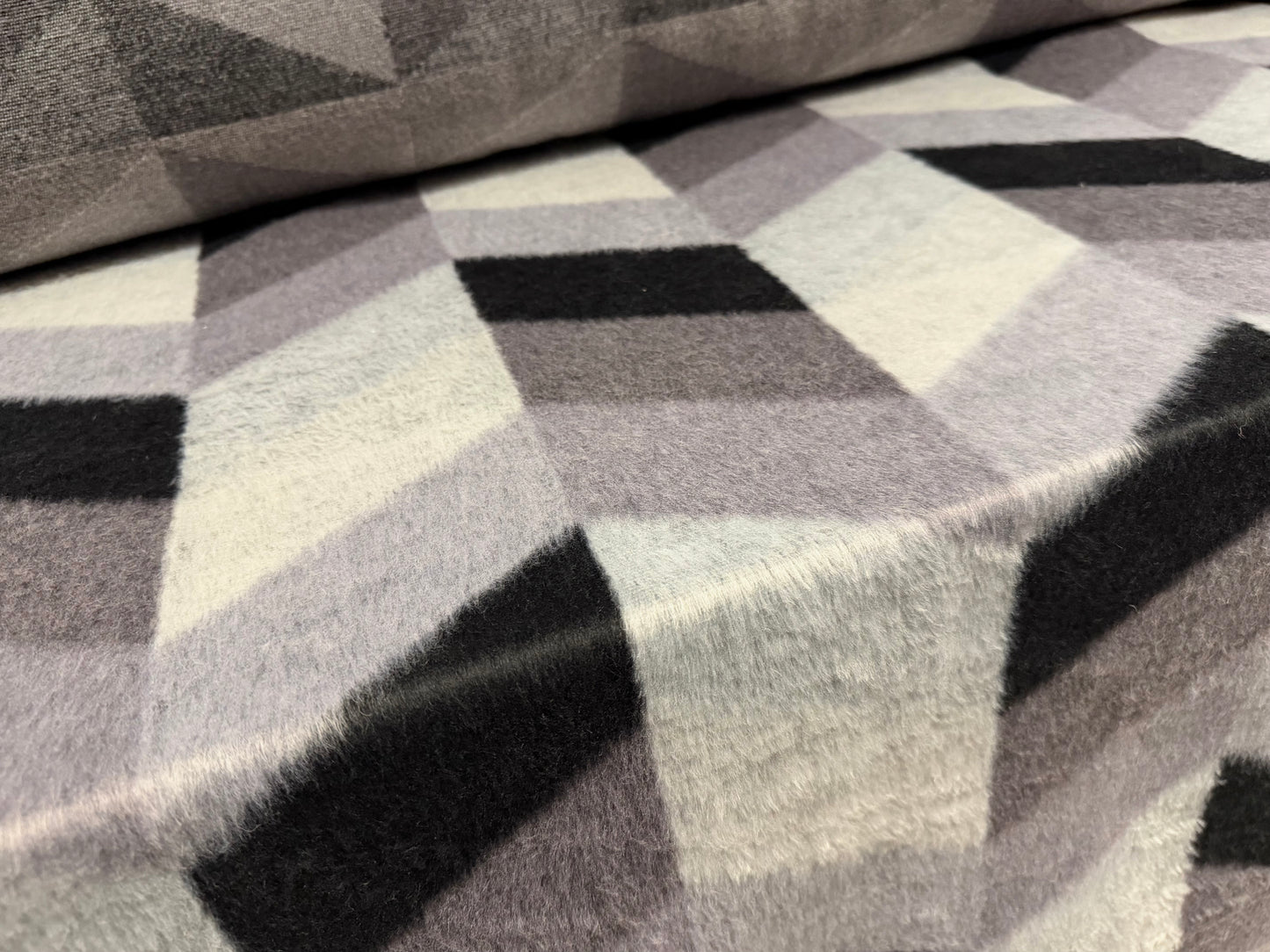 Wool faux fur fabric, per metre - geometric chevron - shades of grey