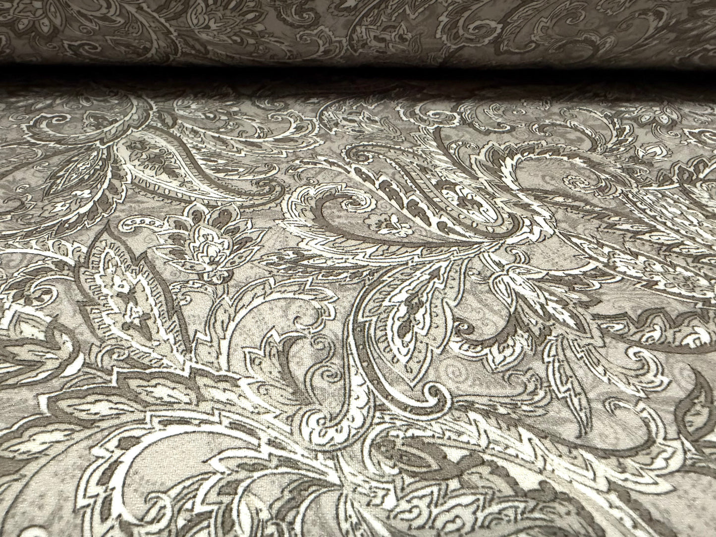Super stretch crepe spandex double jersey fabric, per metre - paisley print - sage grey