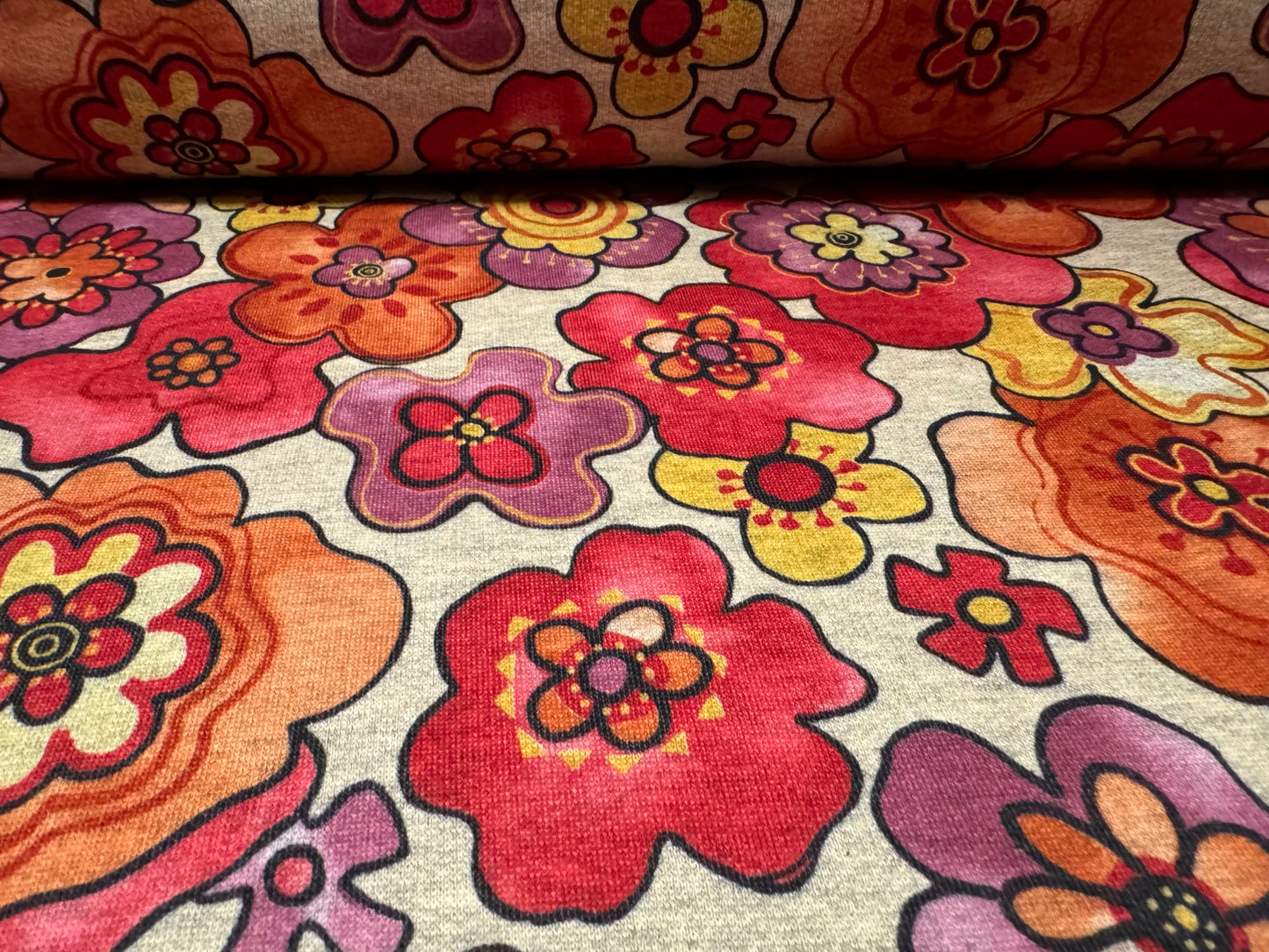 French Terry loopback sweatshirt jersey fabric, per metre - retro flower print - pink & orange