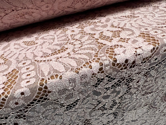 Corded Alencon lace dress fabric with decorative selvedge, per metre - floral - pink