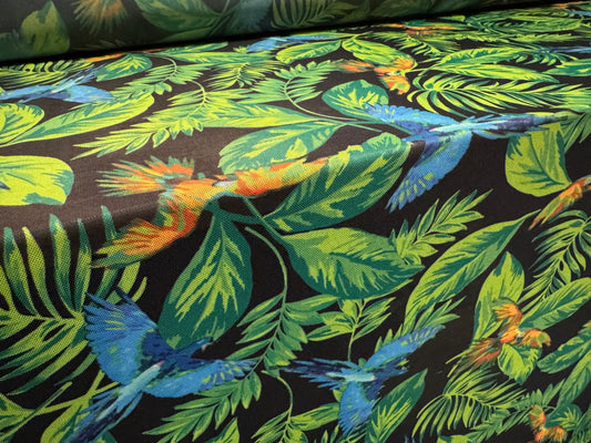 Power mesh net stretch spandex fabric, per metre - parrots in the rainforest - multicolour