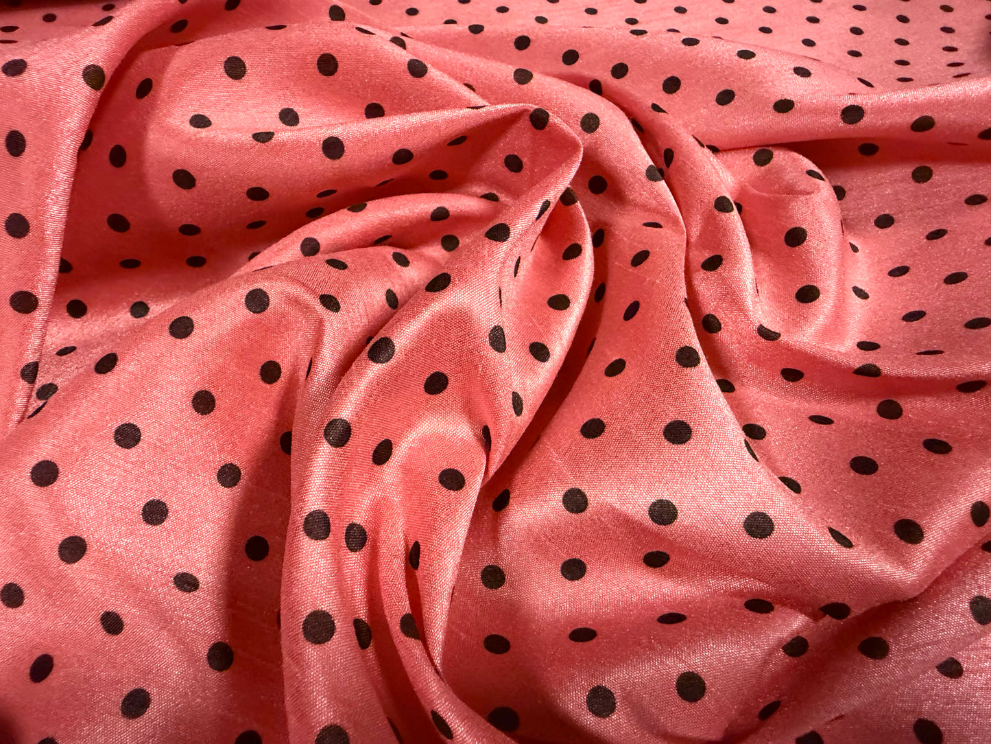 Shantung satin faux silk woven dress fabric, per metre - spot print - coral pink