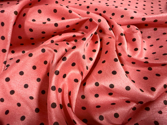 Shantung satin faux silk woven dress fabric, per metre - spot print - coral pink