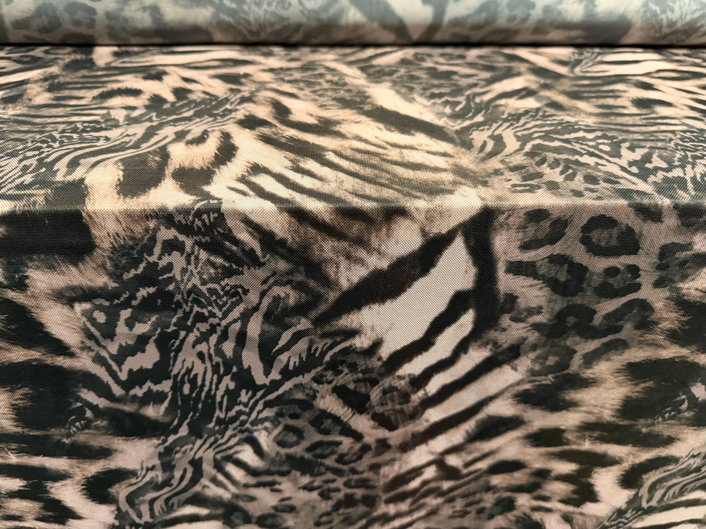 Power mesh net stretch spandex fabric, per metre - tiger fusion print - nude