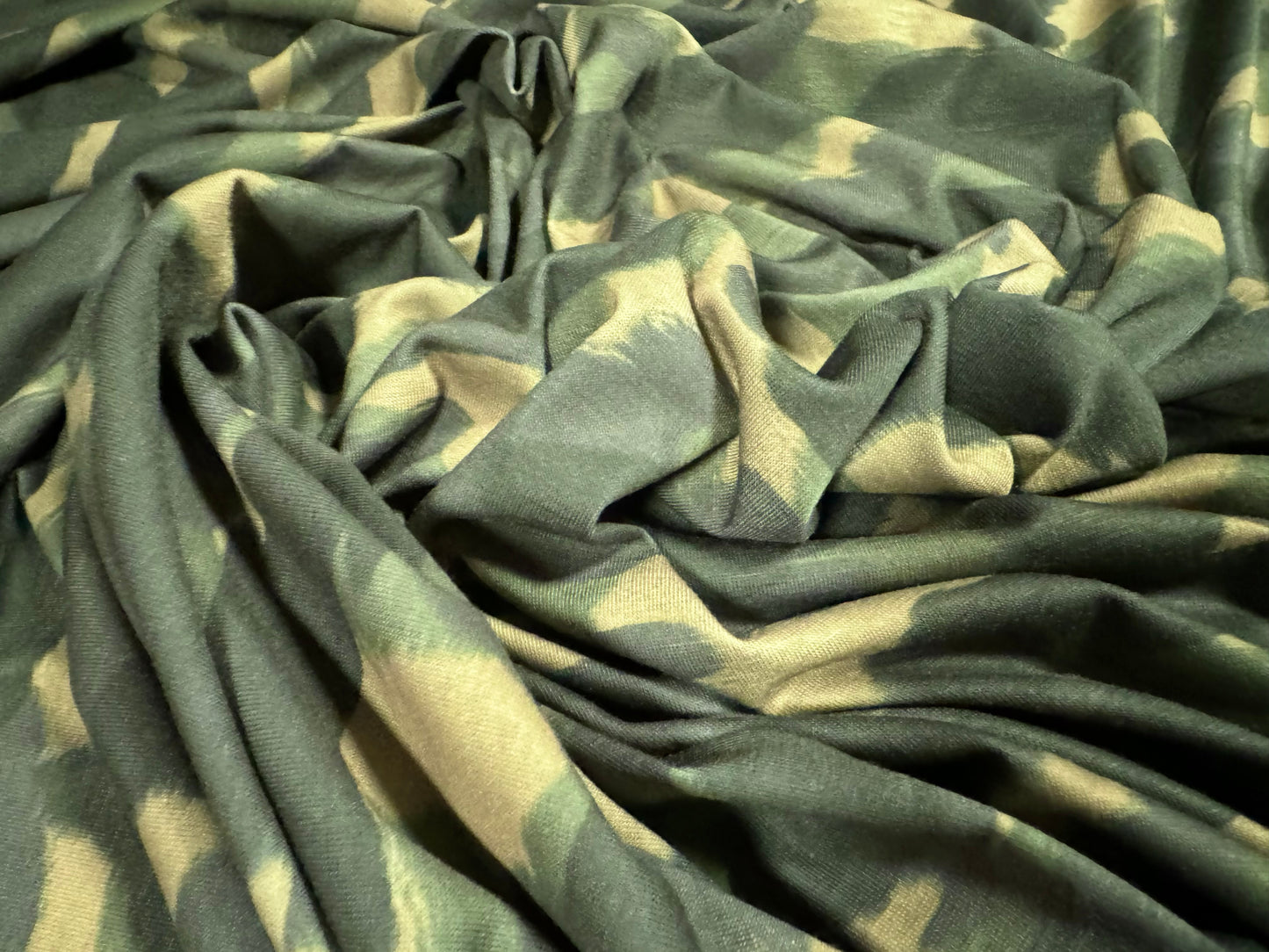 Soft handle single jersey fabric, per metre - camouflage print - khaki green