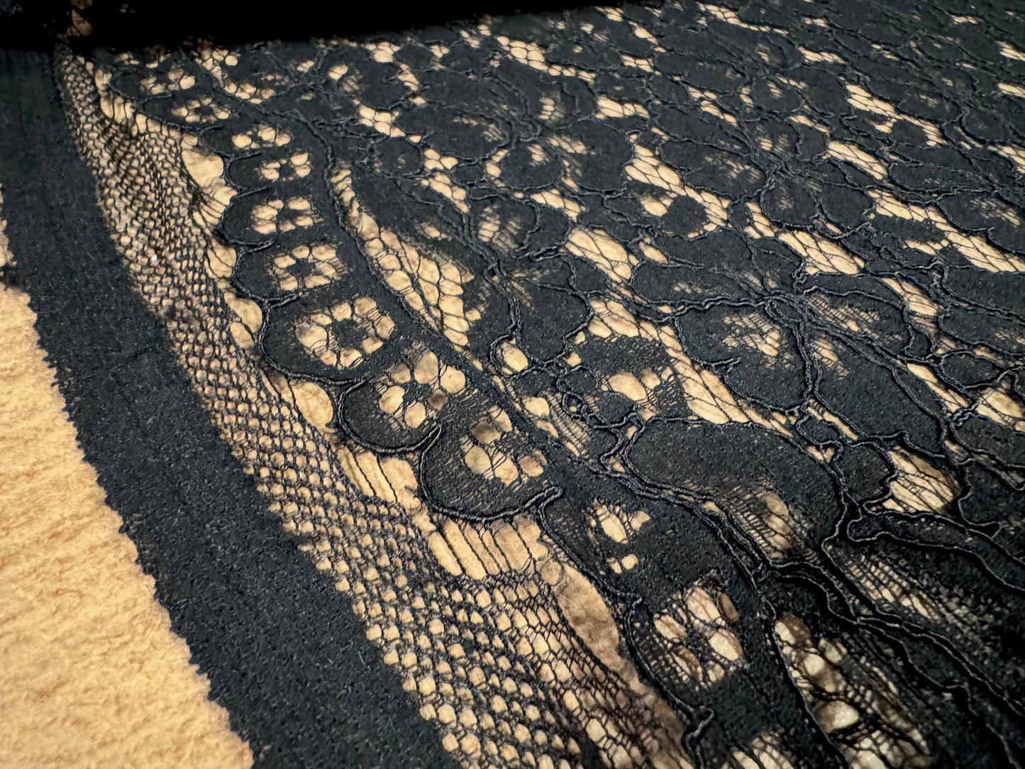 Heavy corded Alencon lace dress fabric with scalloped selvedge, per metre - floral - black