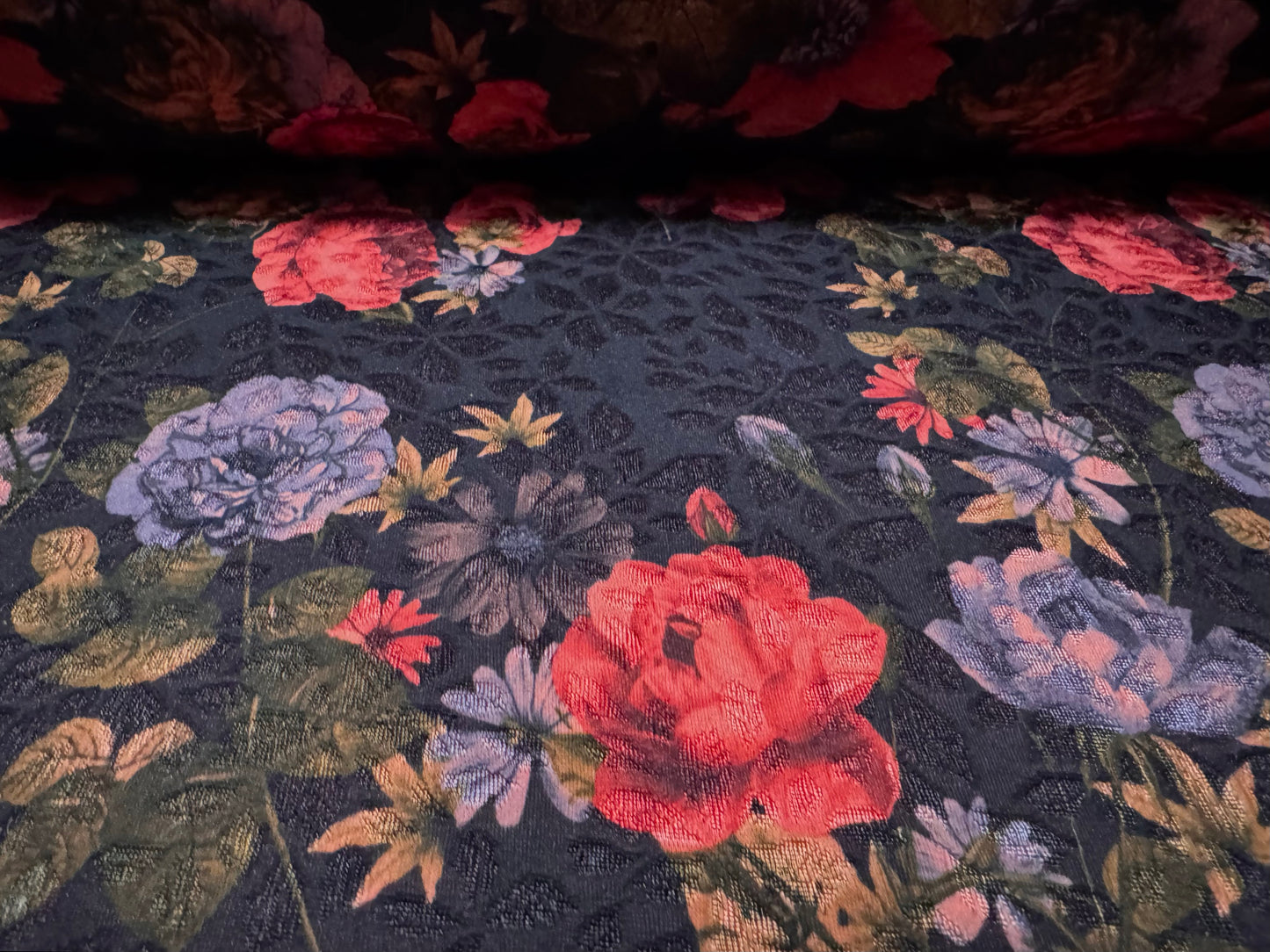 Stretch spandex jersey jacquard fabric, per metre - floral print - dark purple
