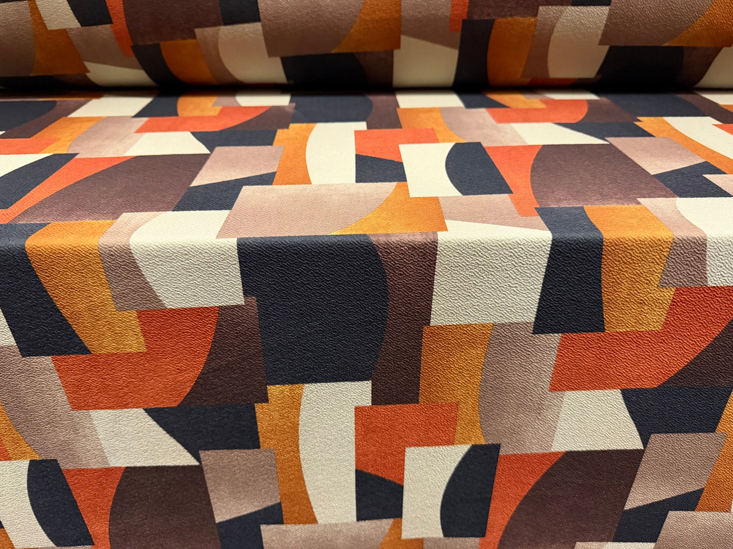 ‘Liverpool’ textured scuba stretch spandex jersey fabric, per metre - colour block shapes print - terracotta brown & sage
