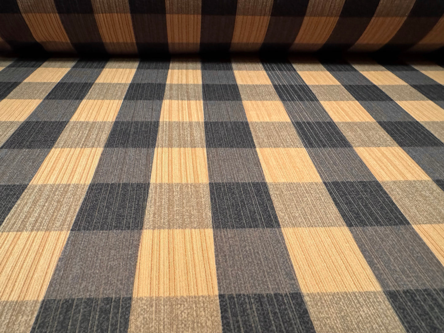 Stretch spandex ribbed jersey fabric, per metre - buffalo check print - charcoal & tan