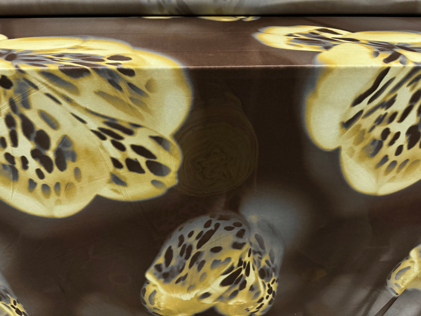 Power mesh net stretch spandex fabric, per metre - orchid print - dark brown & mustard