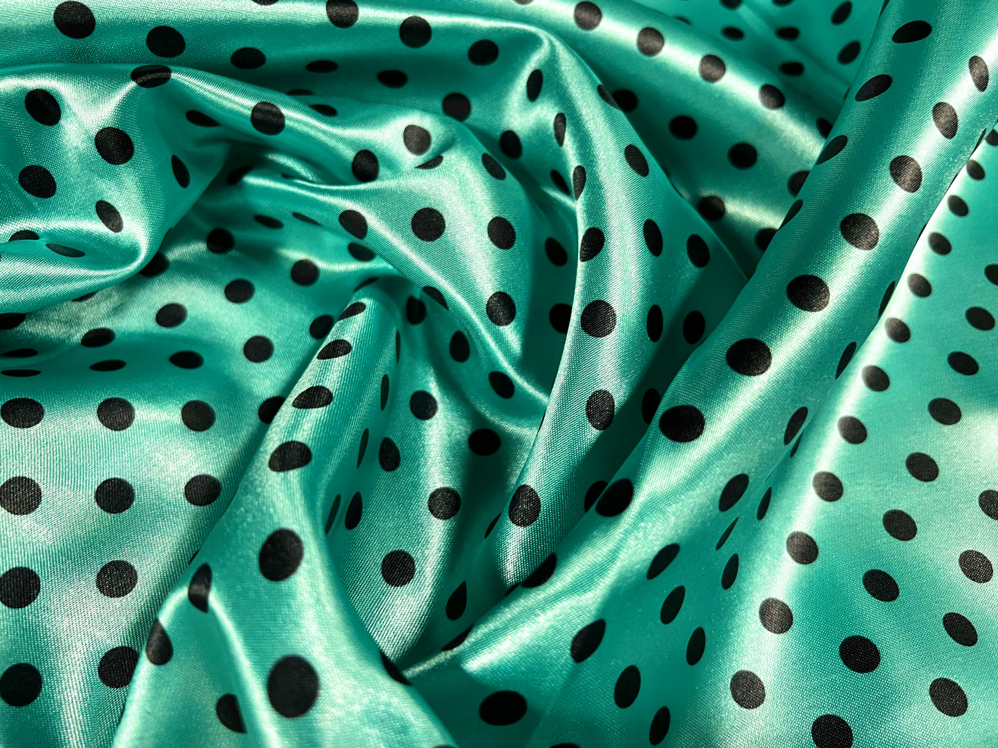 Silky Satin woven dress fabric, per metre - polka dot spot print - turquoise