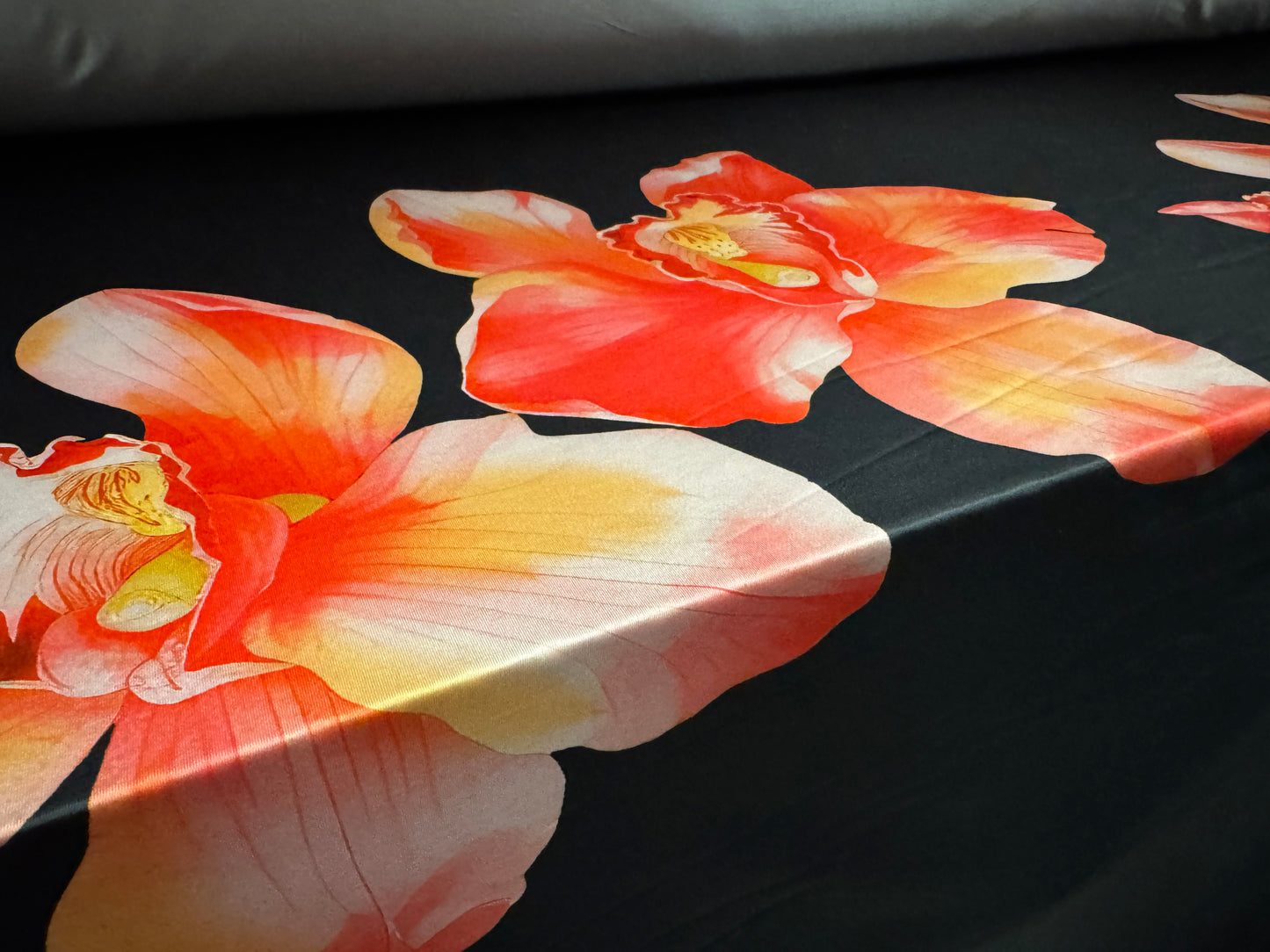 ITY stretch spandex single jersey fabric, per metre - jumbo lily print - black & coral